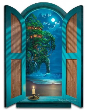 ファンタジー Painting - ツリーハウスマジック3Dのある海の風景